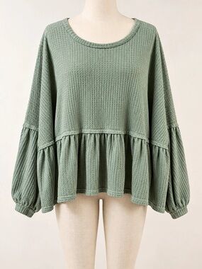 E.C. Sage Green Waffle Knit Babydoll Top Medium Oversized Balloon Sleeve Tunic